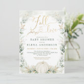 Fall in Love Greenery Gold Pumpkin Baby Shower Invitation (Standing Front)