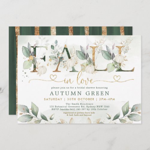 Fall in Love Greenery Gold Pumpkin Bridal Shower Invitation