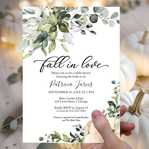 Fall In Love Greenery Pumpkin Bridal Shower Invitation