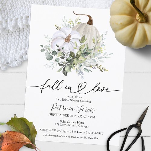 Fall In Love Greenery Pumpkin Fall Bridal Shower Invitation