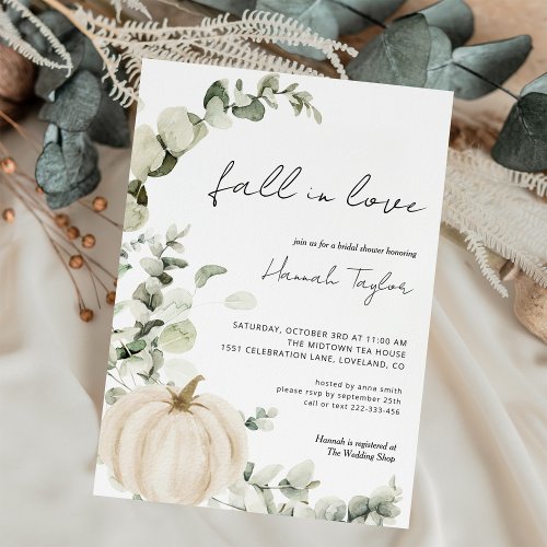 Fall In Love Greenery Pumpkin Fall Bridal Shower Invitation