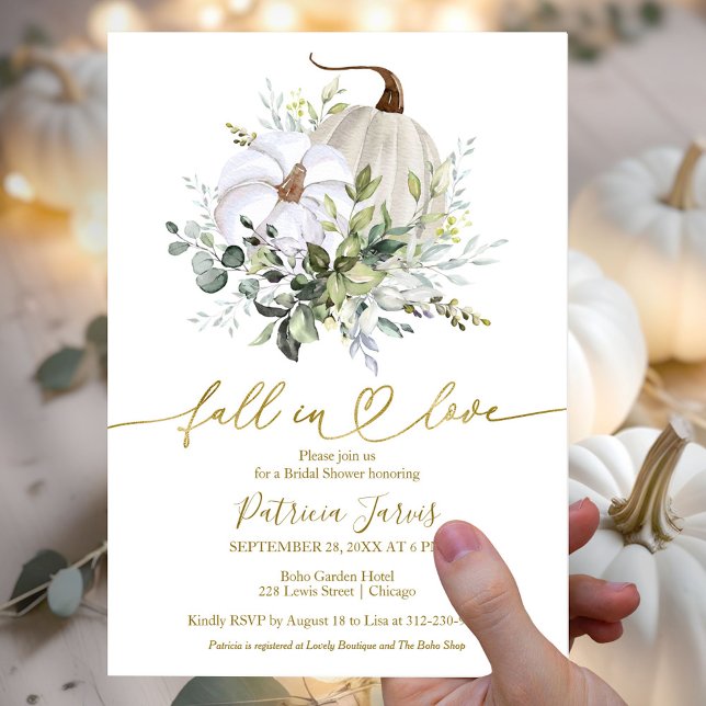 Fall In Love Greenery Pumpkin Fall Bridal Shower Invitation (Creator Uploaded)