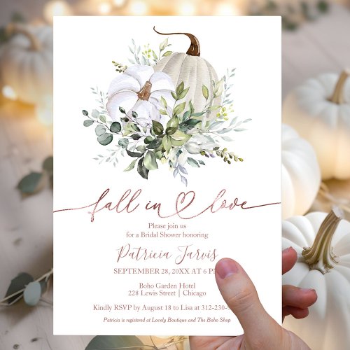 Fall In Love Greenery Pumpkin Fall Bridal Shower Invitation