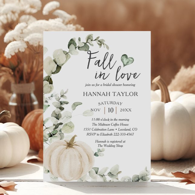 Fall In Love Greenery Pumpkin Fall Bridal Shower Invitation (Creator Uploaded)