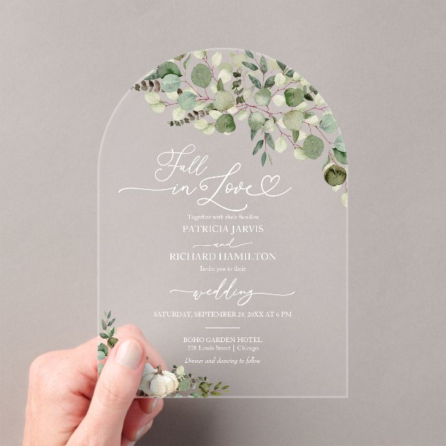 Fall in Love Greenery Pumpkin Wedding Acrylic Invitations (Insitu (Handheld))