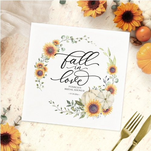 Fall In Love Greenery Sunflowers Bridal Shower Napkins