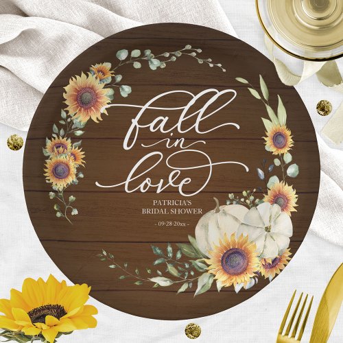 Fall In Love Greenery Sunflowers Bridal Shower Paper Plates