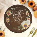 Fall In Love Greenery Sunflowers Bridal Shower Paper Plates<br><div class="desc">Lovely greenery sunflowers wreath fall-themed bridal shower paper plate. Easy to personalize with your details. Please get in touch with me via chat if you have questions about the artwork or need customization. PLEASE NOTE: For assistance on orders,  shipping,  product information,  etc.,  contact Zazzle Customer Care directly.</div>