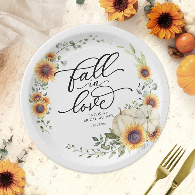 Fall In Love Greenery Sunflowers Bridal Shower Paper Plates (Creator Uploaded)