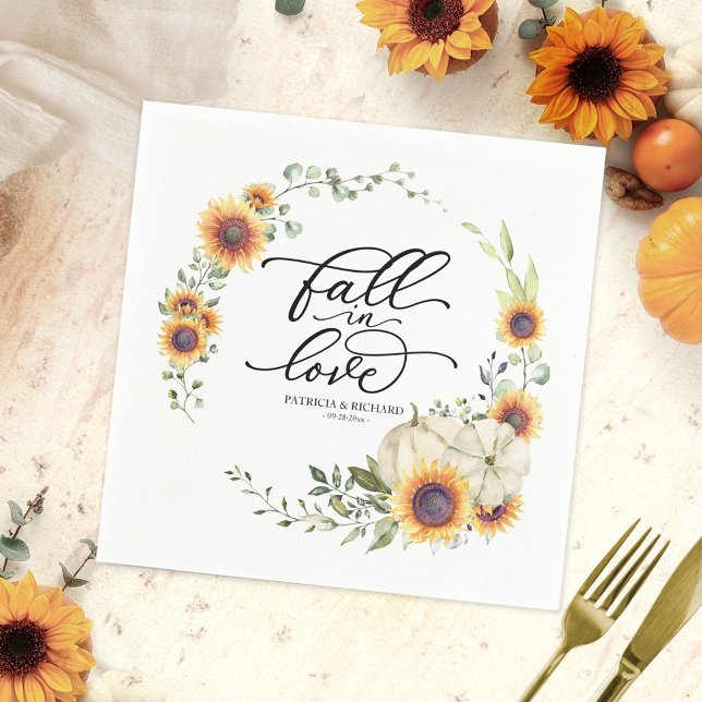 Fall In Love Greenery Sunflowers Wedding Napkins (Creator Uploaded)
