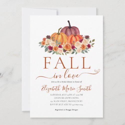 Fall in Love Heart Floral Pumpkin Bridal Shower Invitation