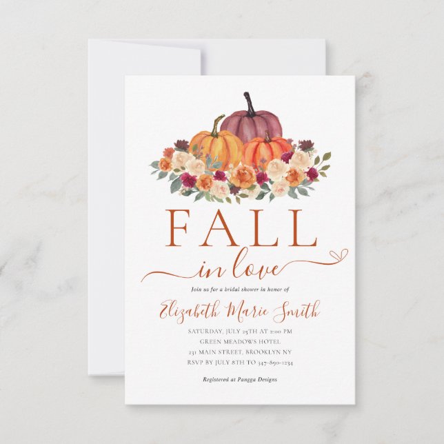 Fall in Love Heart Floral Pumpkin Bridal Shower Note Card (Front)