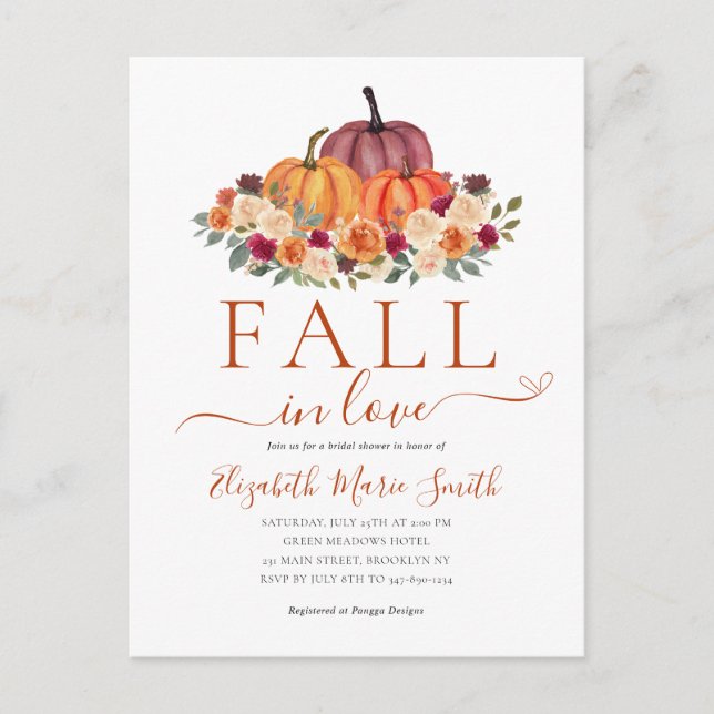 Fall in Love Heart Floral Pumpkin Bridal Shower Postcard (Front)