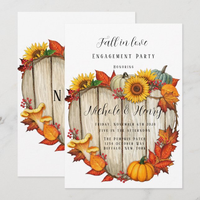 Fall In Love Heart Shape Wood Pumpkin Engagement Invitation (Front/Back)