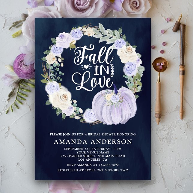 Fall in Love Lavender Pumpkin Navy Bridal Shower Invitation (Creator Uploaded)