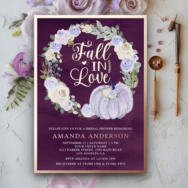 Fall in Love Lavender Pumpkin Plum Bridal Shower Foil Invitation (Creator Uploaded)
