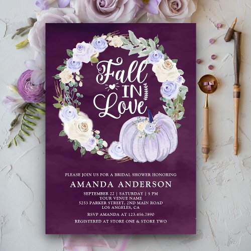 Fall in Love Lavender Pumpkin Plum Bridal Shower Invitation