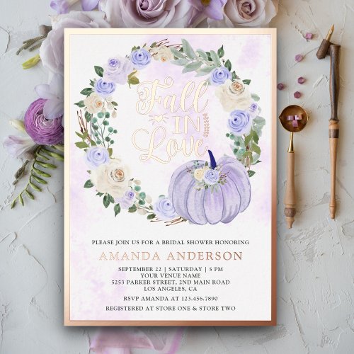 Fall in Love Lavender Roses Pumpkin Bridal Shower  Foil Invitation
