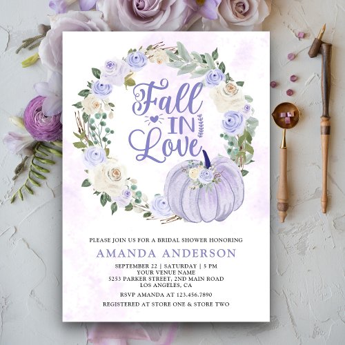 Fall in Love Lavender Roses Pumpkin Bridal Shower Invitation