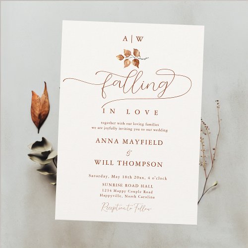 Fall in Love Leaf Monograms Crest Elegant Wedding Invitation