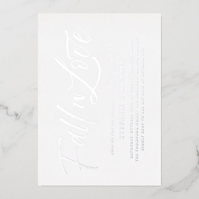 Fall In Love Lettering Silver Engagement Party Foil Invitation (Front)