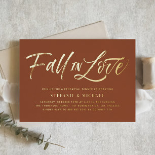 Fall In Love Lettering Terracotta Rehearsal Dinner Foil Invitation