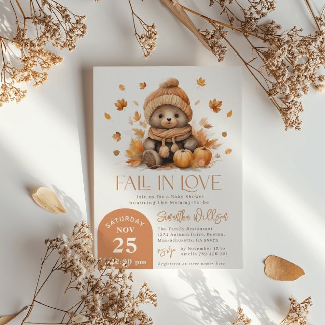 Fall In Love Little Teddy Bear Pumpkin Baby Shower Invitation (Creator Uploaded)