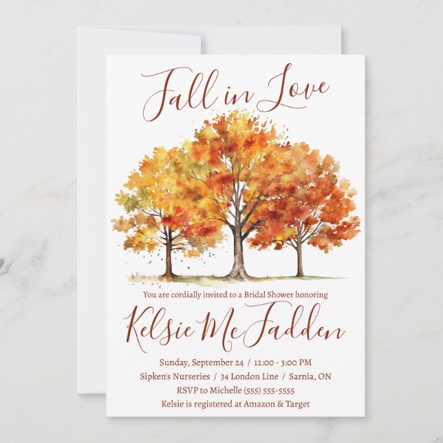 Fall in Love, Maple Trees, Autumn Bridal Shower Invitation (Front)
