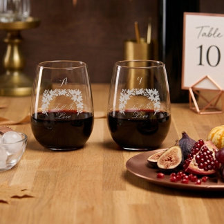Fall in Love Maple Wreath Bride Groom Monogram Art Stemless Wine Glass