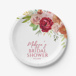 Fall in Love Marsala Flower Bridal Shower  Paper Plates