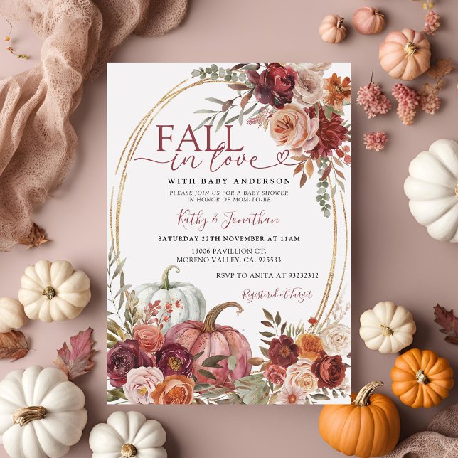 Fall in Love Marsala Pumpkin Floral Baby Shower Invitation (Creator Uploaded)