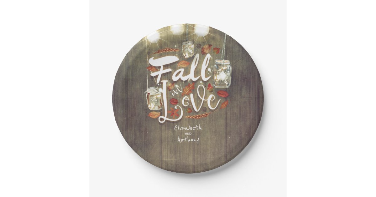 Fall in Love Mason Jar Lights Rustic Wedding Paper Plates | Zazzle