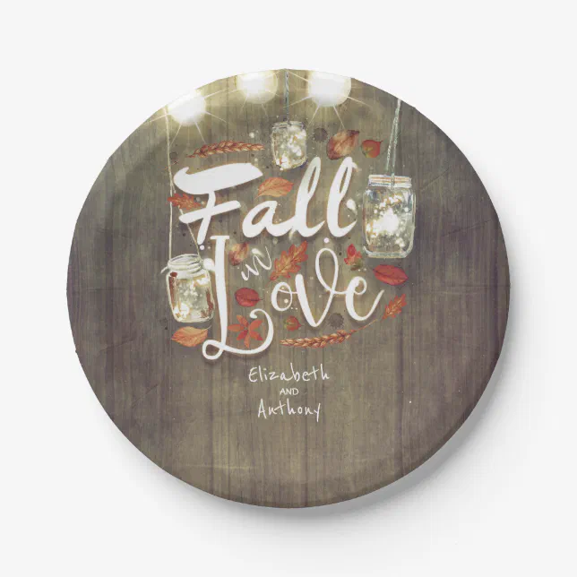 Fall in Love Mason Jar Lights Rustic Wedding Paper Plates | Zazzle