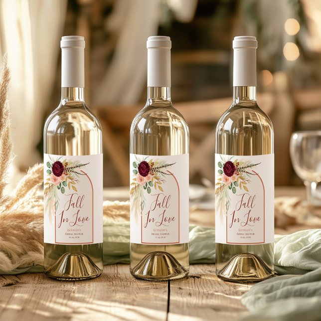 Fall In Love Modern Boho Pampas Grass Rust Bridal  Wine Label (Creator Uploaded)