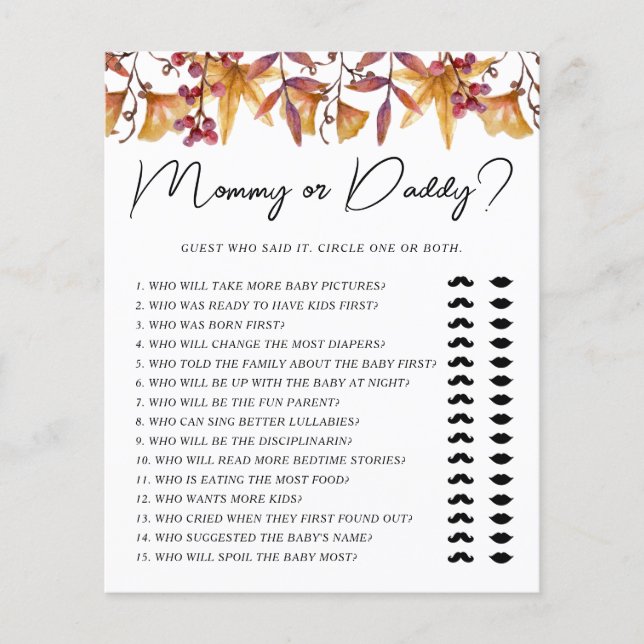 Fall in Love Mommy or Daddy Baby Shower Game (Front)