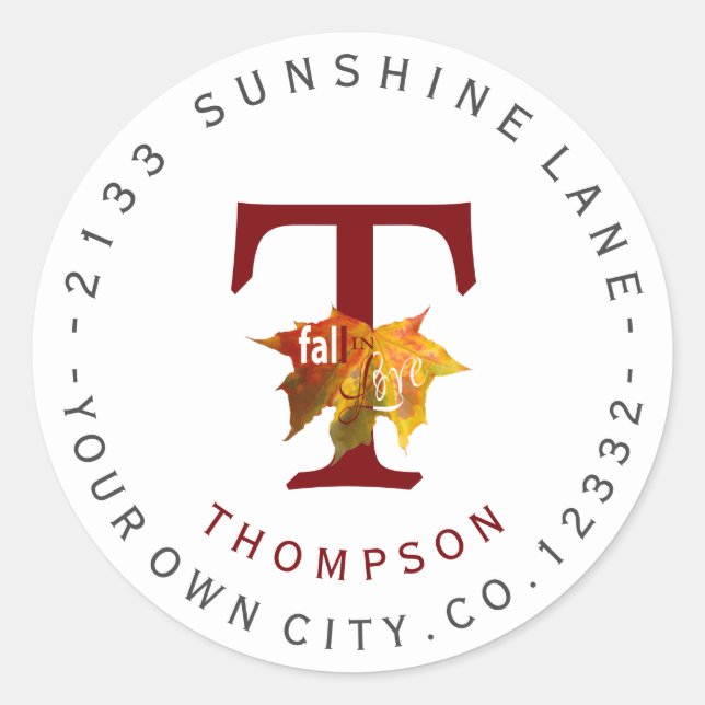 Fall in Love Monogram Circular Address Label (Front)