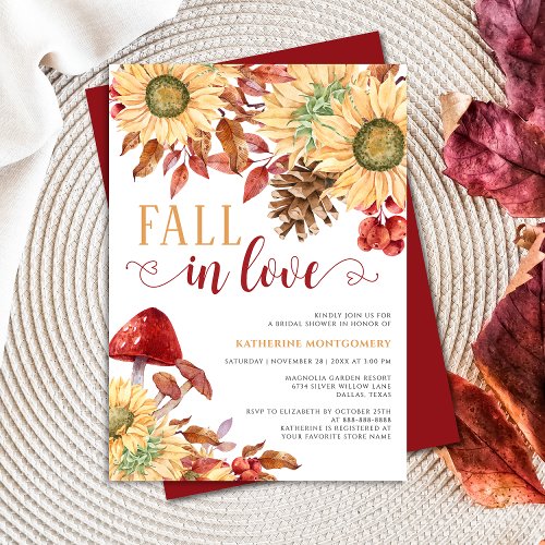 Fall In Love Mushroom Sunflower Fall Bridal Shower Invitation