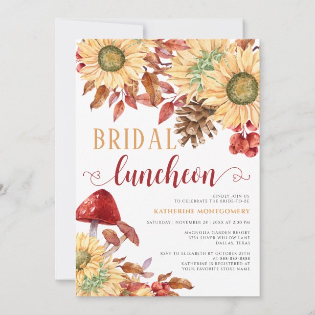 Fall In Love Mushroom Sunflowers Bridal Luncheon  Invitation (Front)