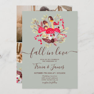 Fall in love mushrooms green rustic photo wedding invitation