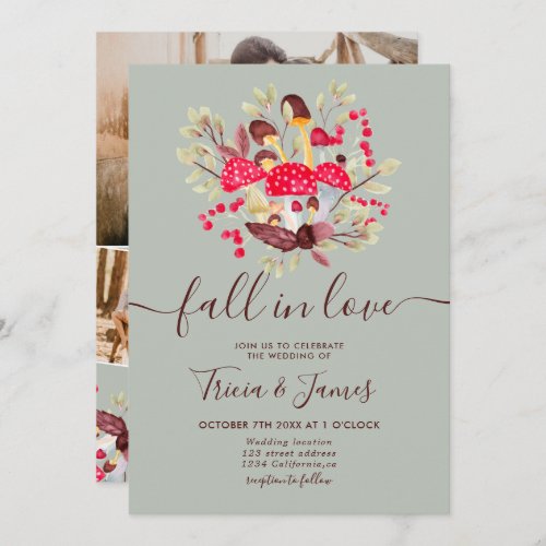 Fall in love mushrooms green rustic photo wedding invitation