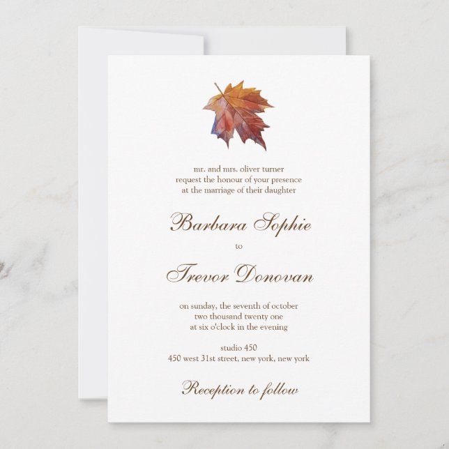 Fall in Love Nature Theme Watercolor Leaf Wedding Invitation (Front)