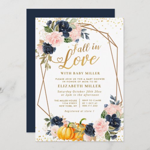 fall in love navy and blush floral baby shower invitation