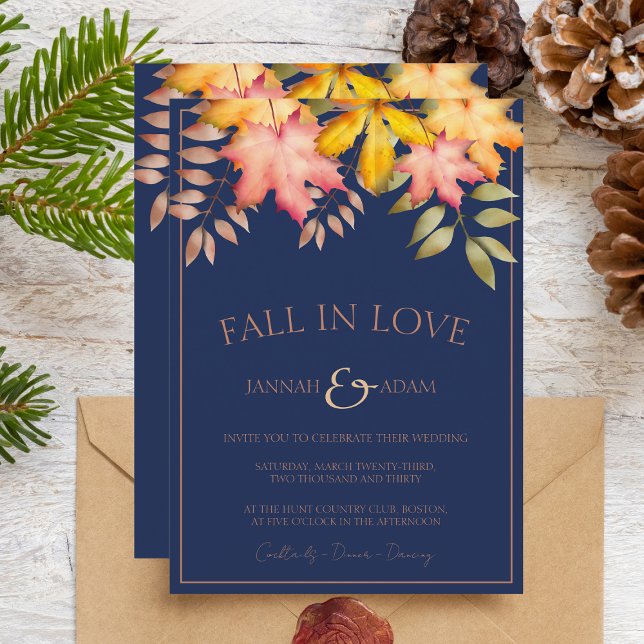 Fall in Love Navy Blue Autumn Leaves Wedding Invitation (Creator Uploaded)