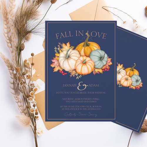 Fall in Love Navy Blue Autumn Pumpkins Wedding Invitation