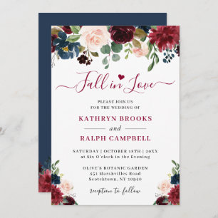 Fall in Love Navy Blue Wine Blush Floral Wedding Invitation