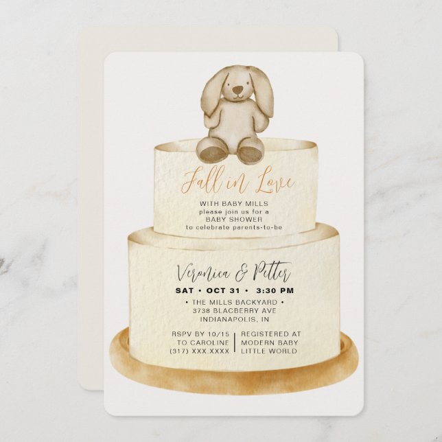 Fall in Love Neutral Autumn Cake Baby Shower Invitation (Front/Back)