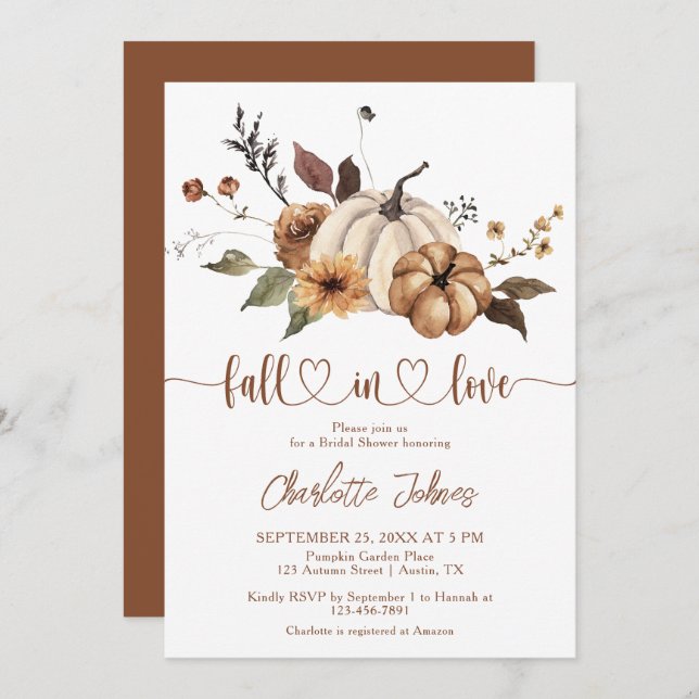 Fall in Love Neutral Floral Fall Bridal Shower Invitation (Front/Back)