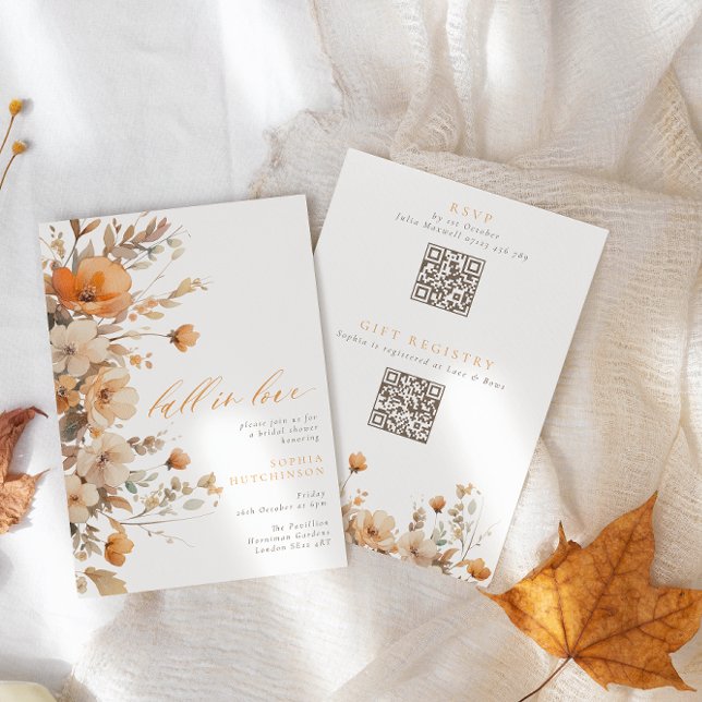 Fall in Love Orange & Brown Floral Bridal Shower Invitation (Creator Uploaded)
