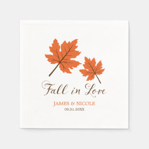 Fall in Love Orange Brown Leaves Wedding Paper Napkins