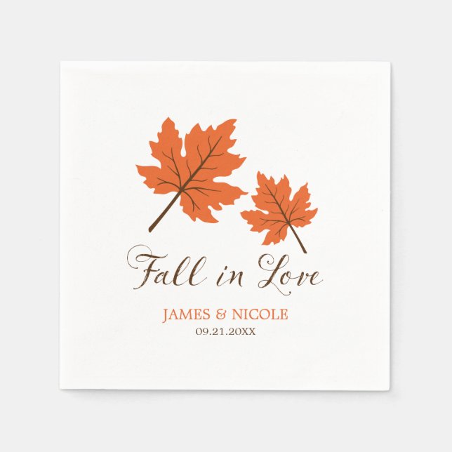 Fall in Love Orange Brown Leaves Wedding Paper Napkins (Front)